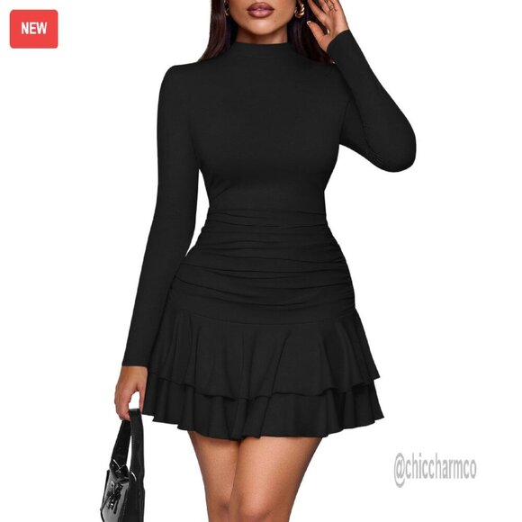 Long Sleeve Mock Neck Ruched Bodycon Mini Dress Y2K Style